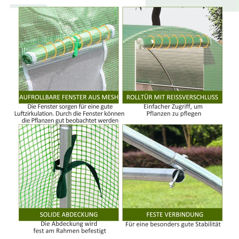 Outsunny Kas met folie, loopbaar, 8 ramen met vliegengaas, stevige folie, stalen frame, 6 x 3 x 2 m, groen