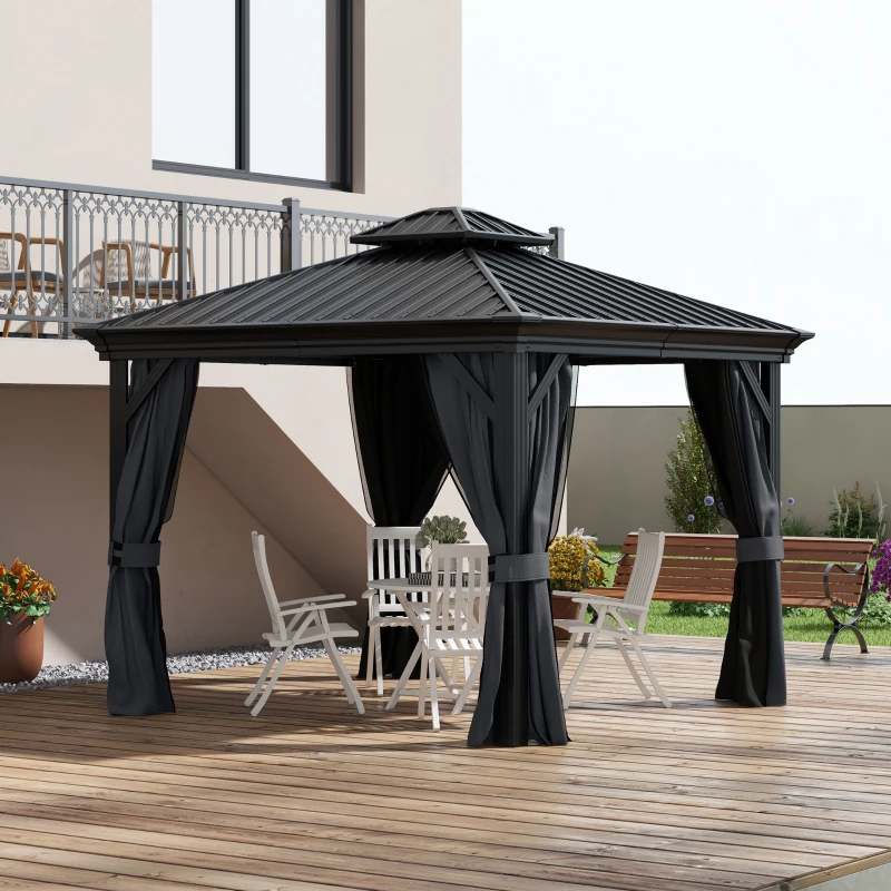 Outsunny 3 x 3.7m Outdoor Hardtop Gazebo Canopy Aluminium Frame with 2-Tier Roof & Mesh Netting Sidewalls for Patio, Grey