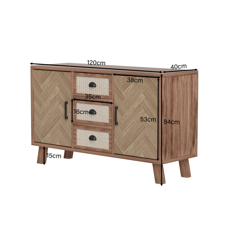 Credenza con Motivo a Spina di Pesce, Tre Cassetti e Due Ante, Gambe in Legno Massello, color Legno Naturale