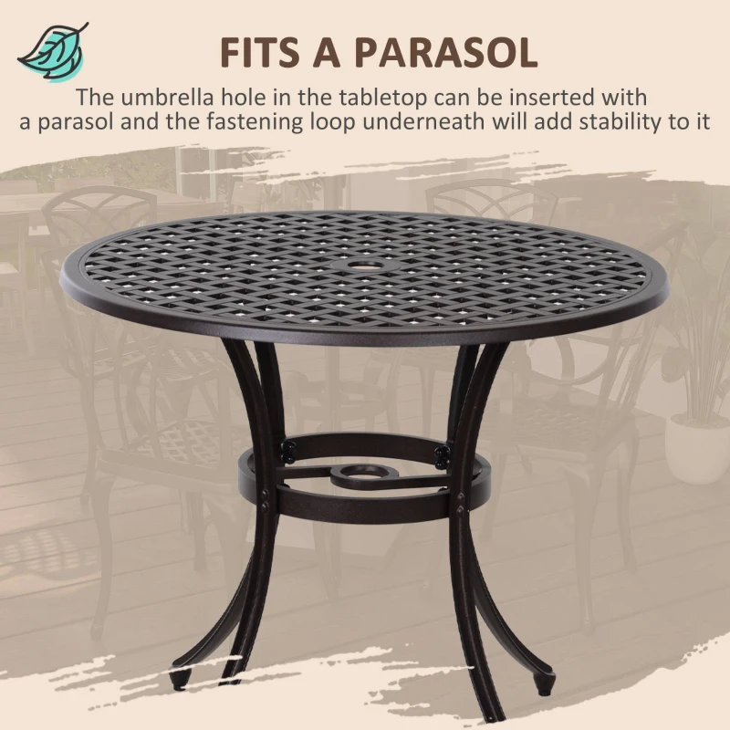 Outsunny 5 Pieces Outdoor Dining Table Set, Cast Aluminium Patio Conversation Furniture Set with 4 Armchairs, a Round Dining Table with Parasol Hole, Brown