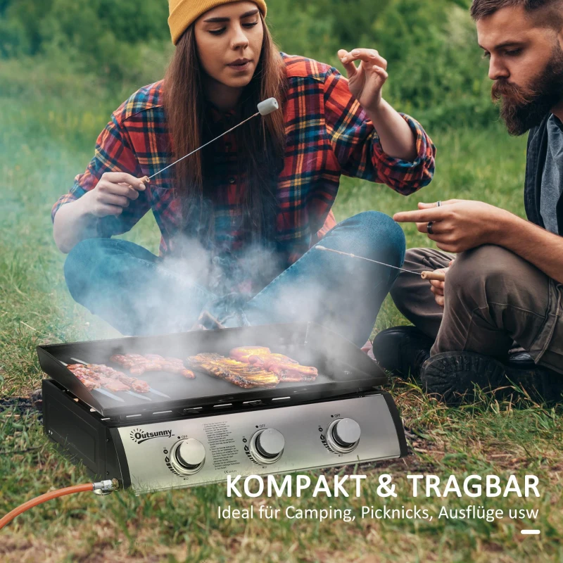 Outsunny Gasbarbecue met Deksel, 3 Branders, Vetopvangbakje, antikleef-plaat, 63x47x25 cm, Zwart/Zilver