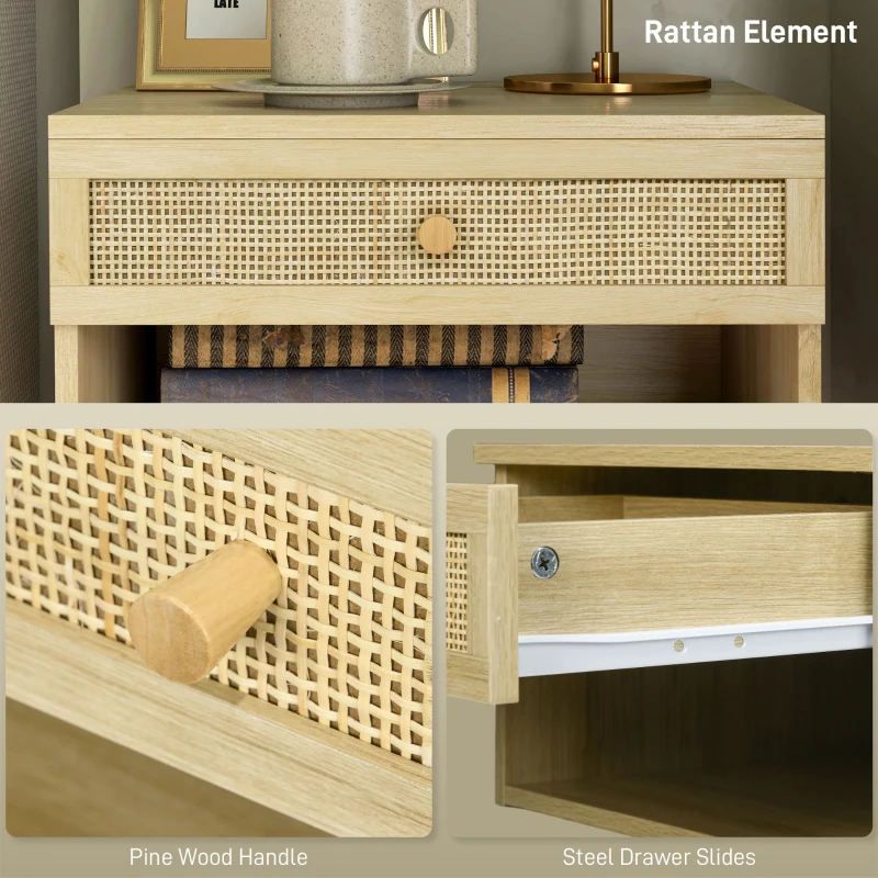 HOMCOM Set de 2 Noptiere Plutitoare, Noptiere cu Sertar din Ratan și Raft Deschis pentru Dormitor, 40x34x23 cm, Lemn Natural(m-7)