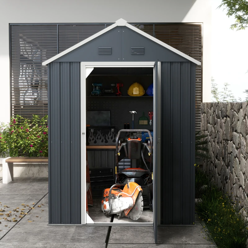 Outsunny Tuinhuis, metalen opbergschuur, dubbele deur, raam, 259x172x222 cm, grijs/wit(m-8)