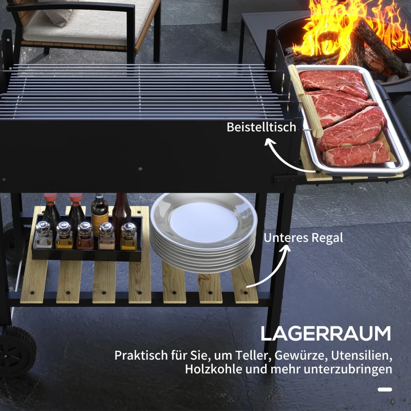 Outsunny Houtskoolbarbecue, Barbecuekar, 2 Grillroosters, 2 wielen, Handvatten, Opbergrekken, 113 x 53,5 x 82,5 cm, Zwart