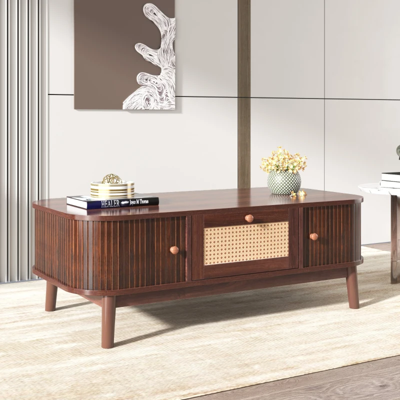 Mesa de Centro de Ratán con Cajones y Puertas de Listones de Madera Maciza Natural