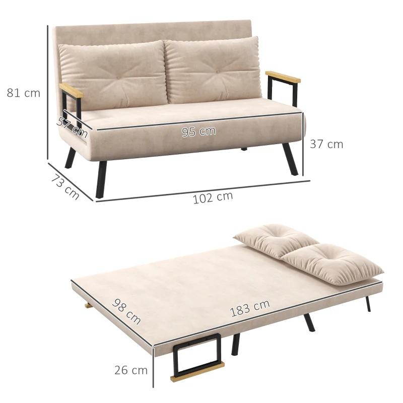 HOMCOM Slaapbank 2-zitsbank Fluweelbank, Slaapfunctie, incl. 2 kussens, Fluweel Optiek, Natuur + Beige + Zwart(m-3)