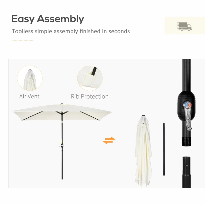 Outsunny 3x2m Patio Parasol Garden Umbrellas Canopy with Aluminium Tilt Crank Rectangular Sun Shade Steel, Cream White