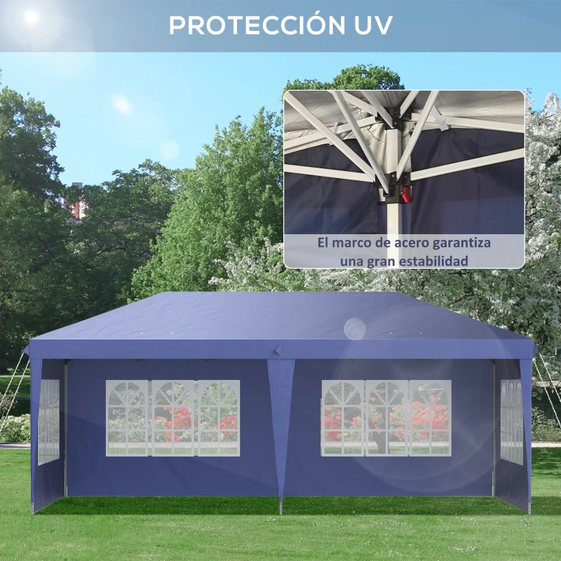 Outsunny Conjunto de Carpa Incluye 1 Carpa Plegable 6x3 m con 4 Laterales Desmontables y 2 Paredes Laterales 3x2 m Azul