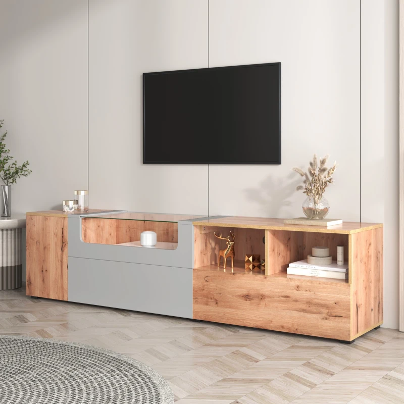 Mobile TV nei colori grigio chiaro e legno rustico con LED, Vetrina con Ripiani e Ante, Naturale