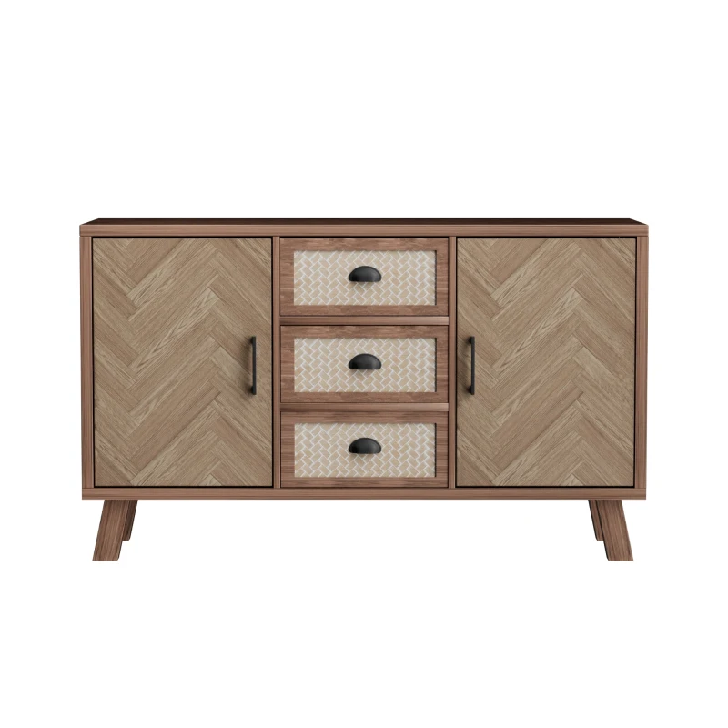 Credenza con Motivo a Spina di Pesce, Tre Cassetti e Due Ante, Gambe in Legno Massello, color Legno Naturale