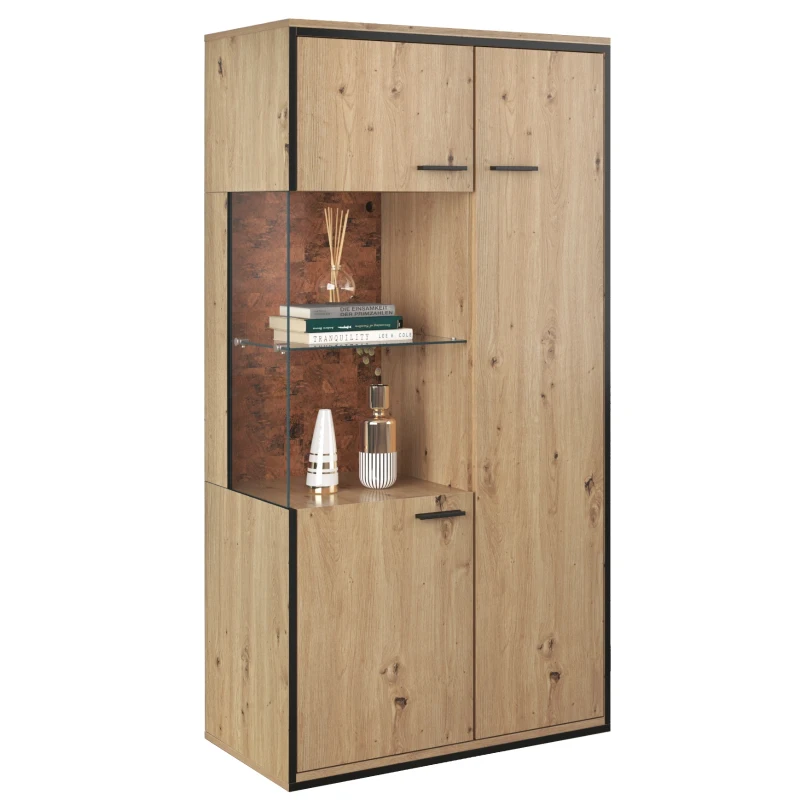 Vitrină modernă cu iluminare LED, rafturi multifuncționale, blat din sticlă, 78x40x150 cm, Culoare naturală