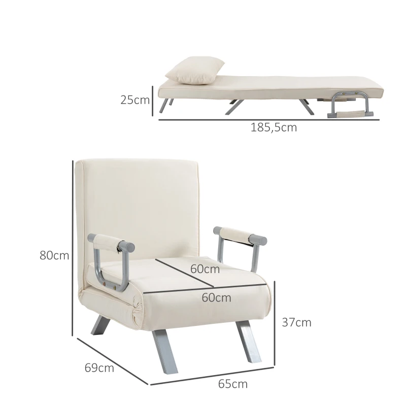 HOMCOM Relaxfauteuil Ligfauteuil Stoel, Ligfunctie, Logeerbed, 65 cm x 69 cm x 80 cm, Cremewit(m-3)