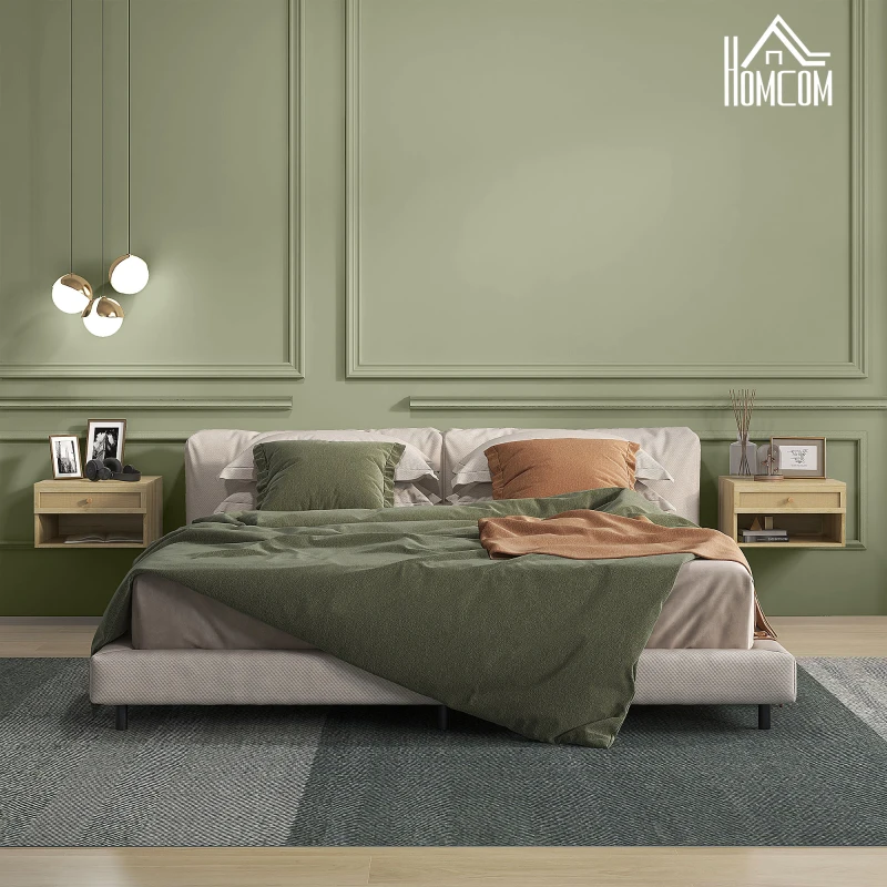HOMCOM Set of Two Rattan Panel Floating Bedside Tables - Wood-Effect