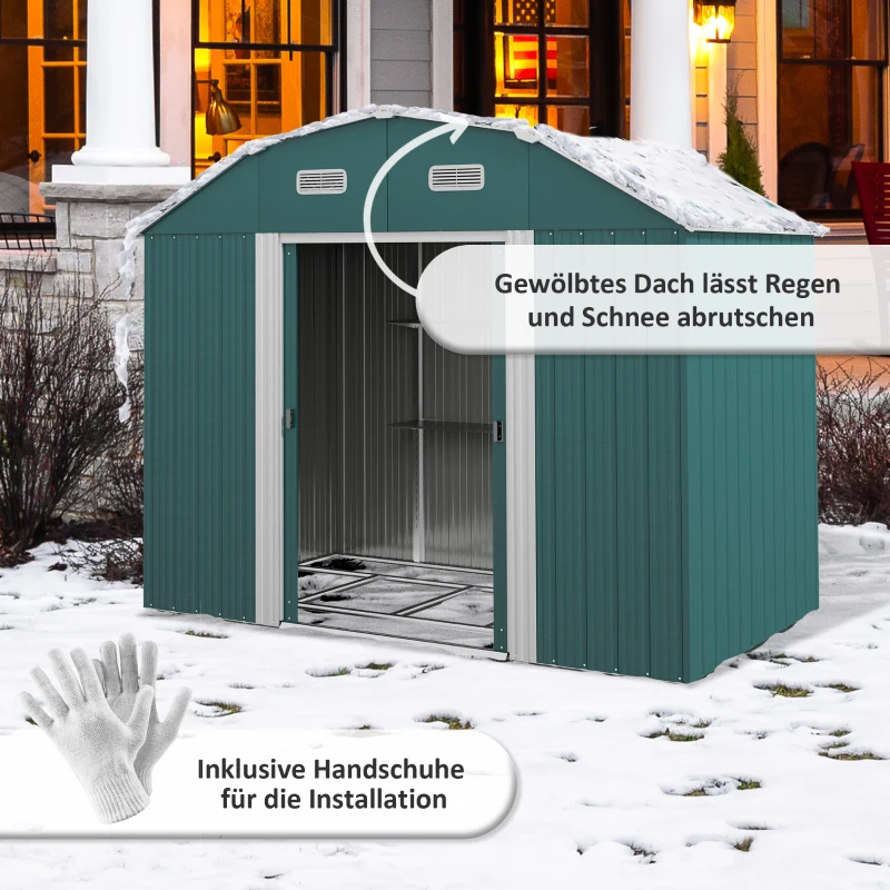 Szopa Ogrodowa Outsunny, Odporna na Warunki Atmosferyczne, 2 Okna, 2 Drzwi, 238 x 132 x 198,5 cm, Zielona