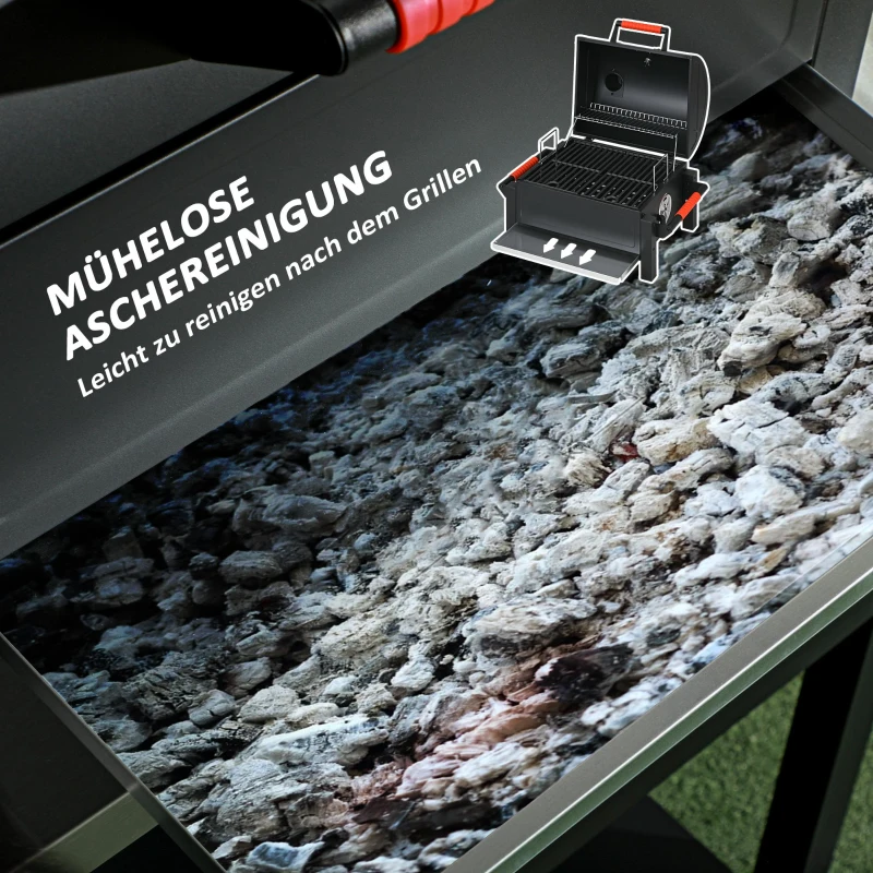 Outsunny Houtskoolgrill met Deksel, Warmhoudrooster, Aslade, Thermometer, Roestvrij, 68,5x50x54cm, Zwart/Rood