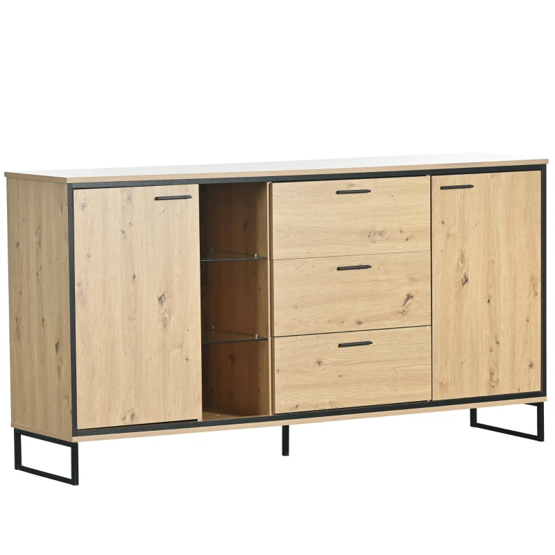 Credenza Moderna in Legno con 3 Cassetti, 2 Ante e Ripiani, per Soggiorno e Cucina, 160x40x85 cm, Nero e Color Legno Naturale