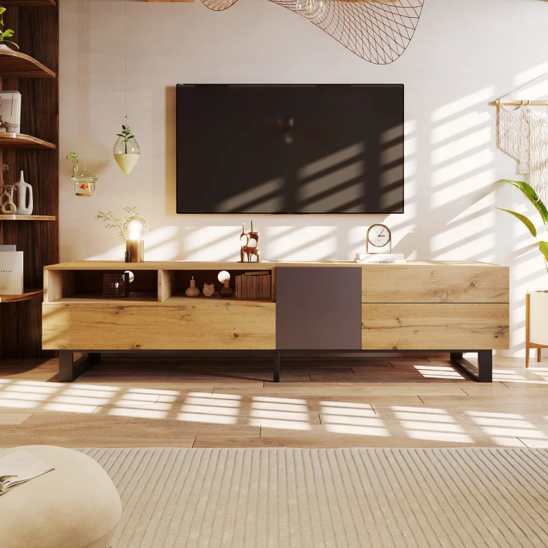 Mobilă TV modernă cu design în blocuri de culoare, textură de lemn și suprafață lucioasă, 180x38x50 cm, natural și negru