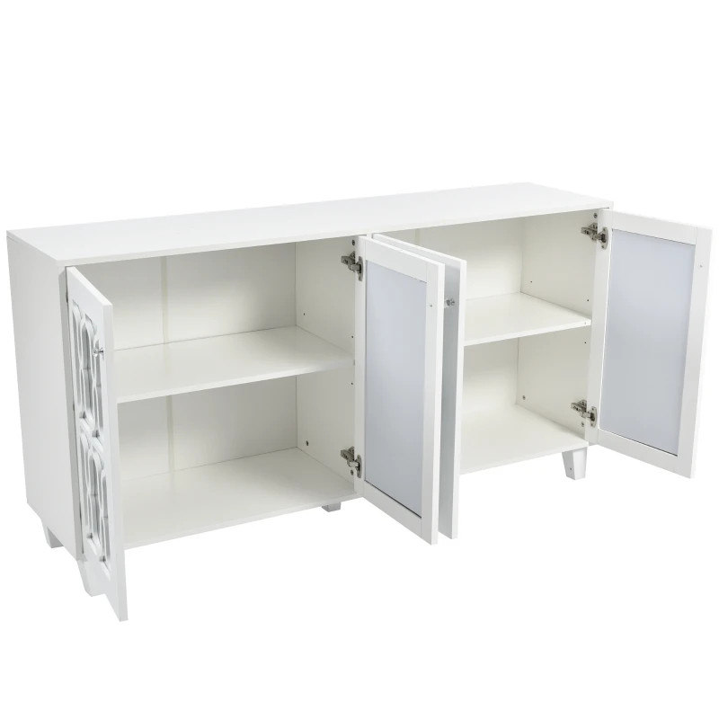 Cómoda Blanca Aparador con Espejo y Tiradores de Cristal 4 Puertas Estante Interior Ajustable Diseño Coordinado Perfecta para Salón y Comedor Blanco