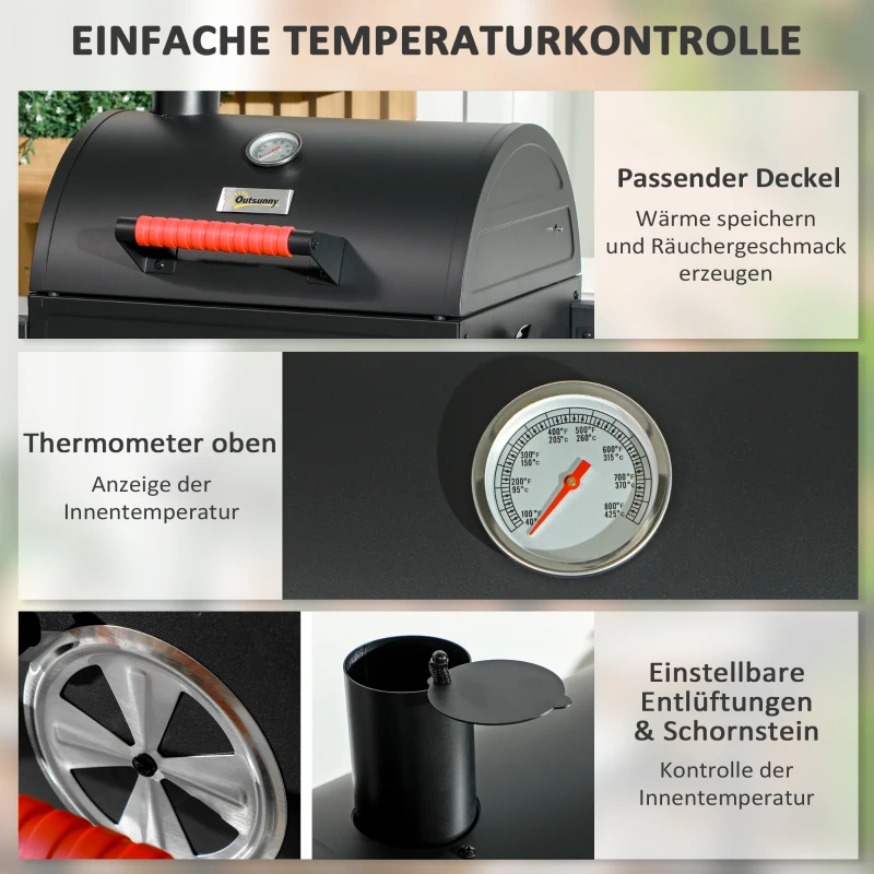 Outsunny Houtskoolgrill met Deksel, Warmhoudrooster, Aslade, Thermometer, Roestvrij, 68,5x50x54cm, Zwart/Rood