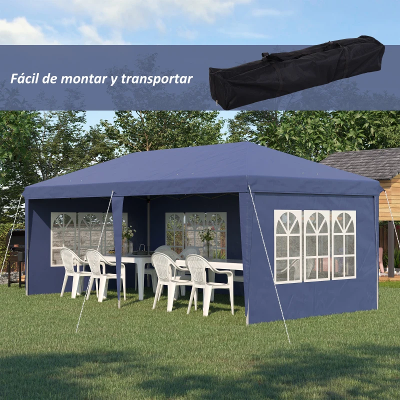 Outsunny Conjunto de Carpa Incluye 1 Carpa Plegable 6x3 m con 4 Laterales Desmontables y 2 Paredes Laterales 3x2 m Azul