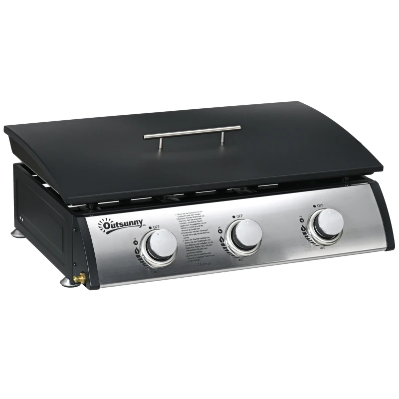 Outsunny Gasbarbecue met Deksel, 3 Branders, Vetopvangbakje, antikleef-plaat, 63x47x25 cm, Zwart/Zilver