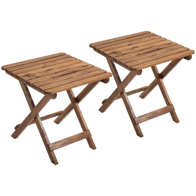 Outsunny Bijzettafel Buiten, 2-delige Tuintafel, Inklapbare Kampeertafel van Hout, Klaptafel voor Tuin, Balkon, Teak, 45 x 45 x 45 cm