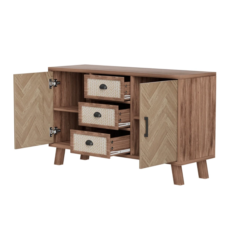 Credenza con Motivo a Spina di Pesce, Tre Cassetti e Due Ante, Gambe in Legno Massello, color Legno Naturale
