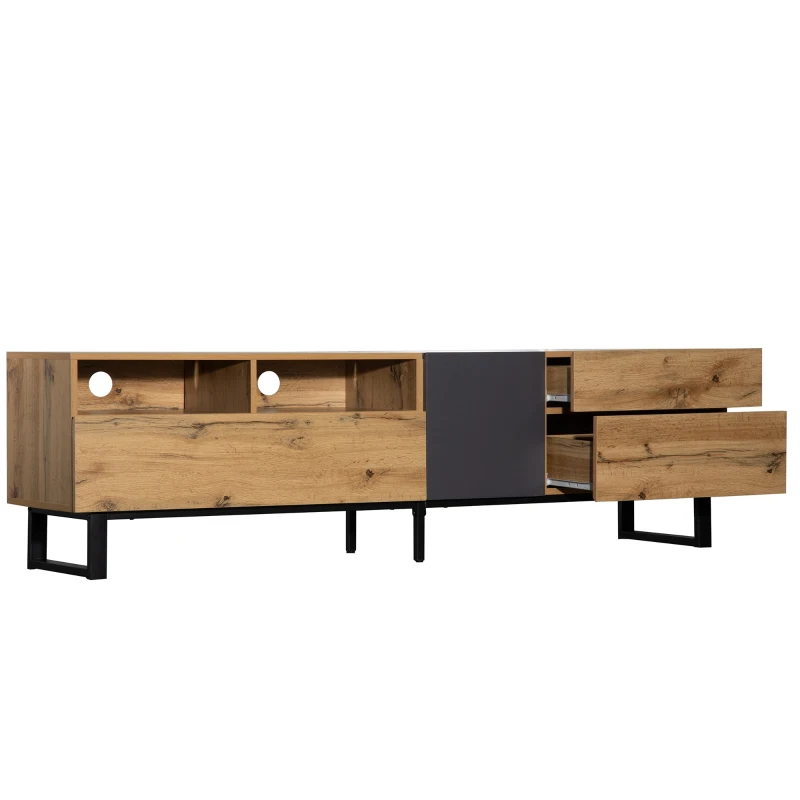 Mobilă TV modernă cu design în blocuri de culoare, textură de lemn și suprafață lucioasă, 180x38x50 cm, natural și negru