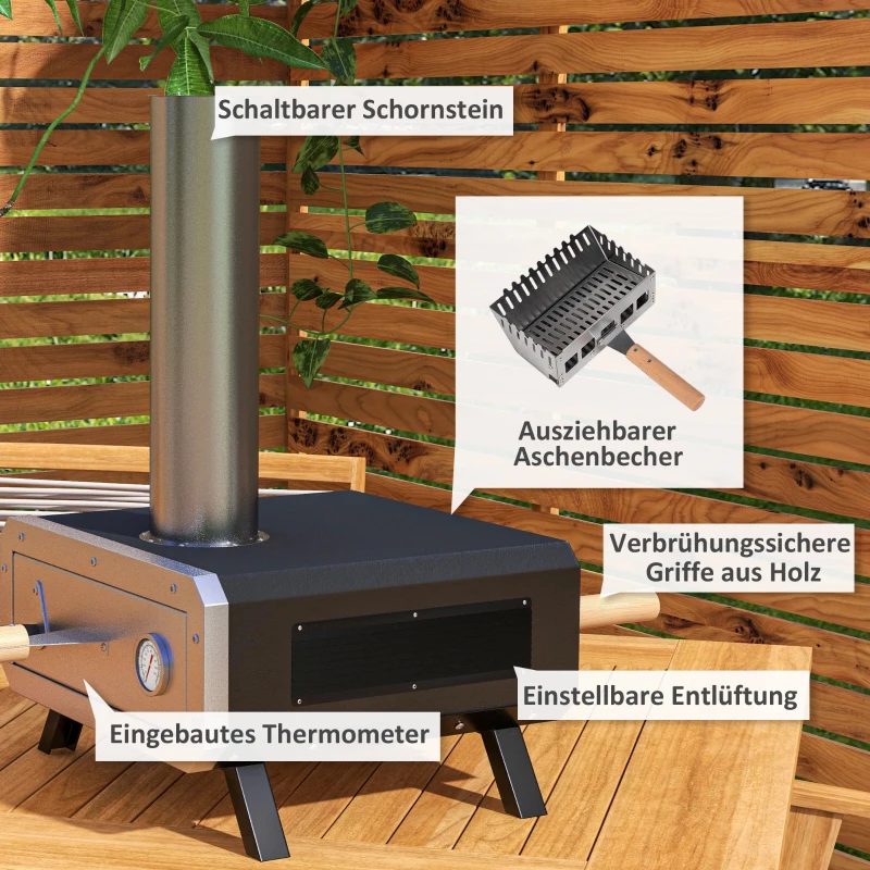 Outsunny 2-In-1 Pizzaoven Outdoor met Pizzasteen Houtoven Pizzaschep Pizzashovel Grilloven voor BBQ Staal Zwart