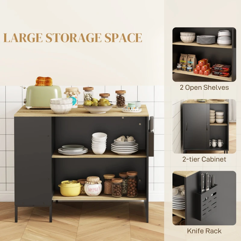 HOMCOM Insulă de Bucătărie cu Blat de Lucru Mare, Dulap de Bucătărie cu Raft, Suport pentru Cuțite și Dulap cu Ușă Glisantă, 114.5x70x90 cm, Negru