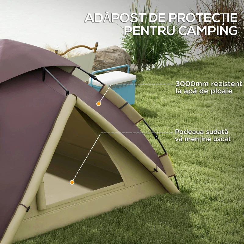 Outsunny Cort Camping 2 Locuri cu 2 Ferestre și Cârlig Interior, Cort Camping din Poliester și Fibră de Sticlă, 225x190x130 cm, Kaki