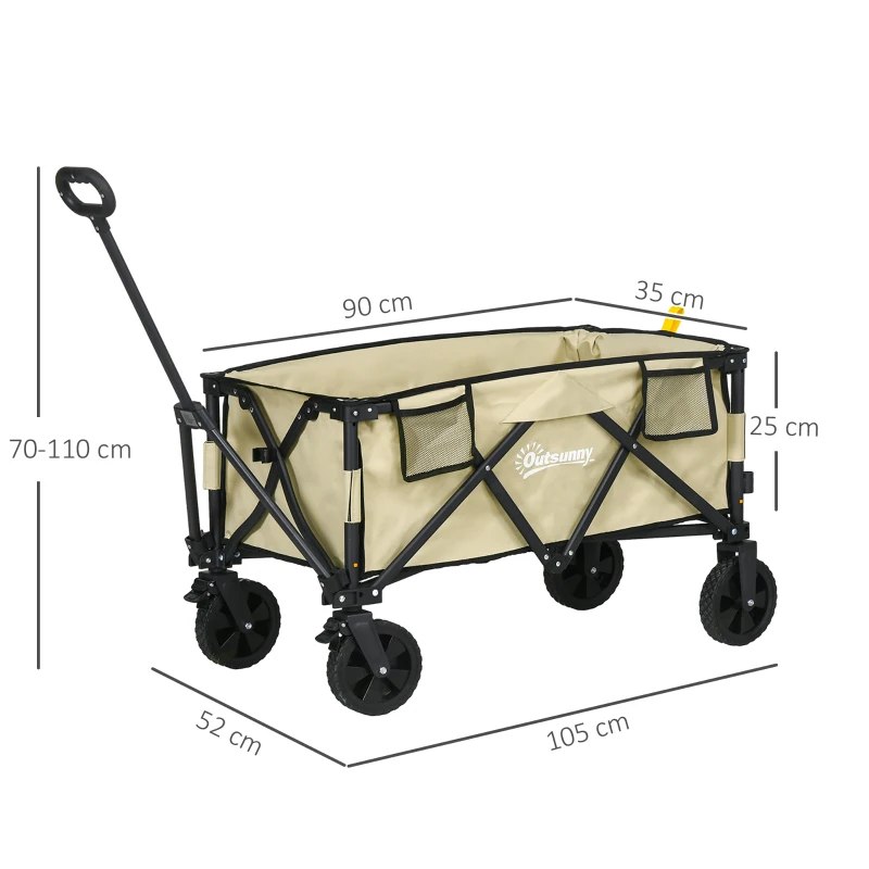 Outsunny Cărucior de Grădină Pliabil cu Mâner Telescopic, Cărucior de Exterior din Oțel, 105x52x70-110 cm, Kaki