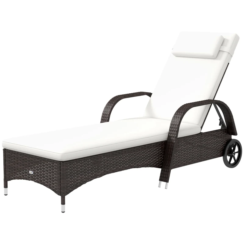 Outsunny Tumbona de Ratán de Jardín Chaise Longue con Respaldo Ajustable en 5 Posiciones Cojines Acolchados Reposacabezas y 2 Ruedas Carga 160 kg 200x73x30-103 cm Negro