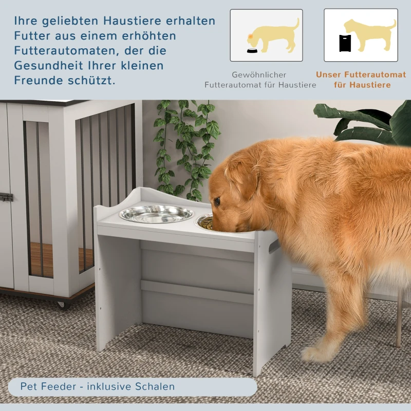 PawHut Voederstation voor Honden, 2 Roestvrijstalen kommen, verstelbaar in hoogte, 54x31,5x47cm, Wit