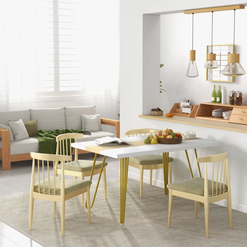 HOMCOM Masă de Bucătărie și Living pentru 6 Persoane, Masă Modernă din MDF și Oțel, 140x89x75,5 cm, Alb și Auriu