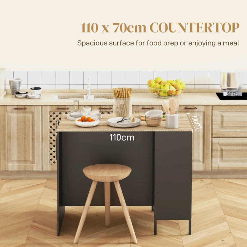 HOMCOM Insulă de Bucătărie cu Blat de Lucru Mare, Dulap de Bucătărie cu Raft, Suport pentru Cuțite și Dulap cu Ușă Glisantă, 114.5x70x90 cm, Negru