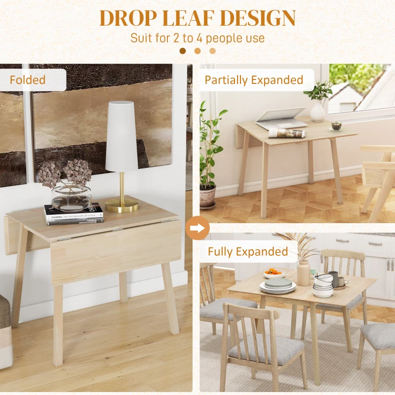 HOMCOM Masă Pliantă cu Economie de Spațiu cu 2 Clapete, Masă pentru 2-4 Persoane din Lemn de Pin, 110x86x75 cm, Lemn Natural