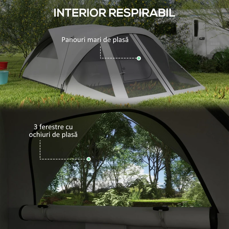 Outsunny Cort de Camping pentru 4 Persoane, Impermeabil, cu Zonă de Noapte și Zonă de Zi, din Poliester, 430x300x190 cm, Gri