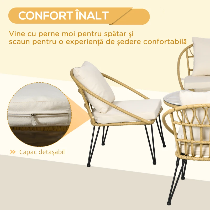 Outsunny Set Grădină din Ratan din 5 Piese, Set de Exterior cu Masă Rotundă și 4 Scaune cu Perne, 82x82x50 cm, Bej