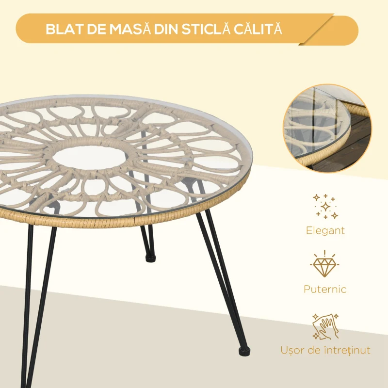 Outsunny Set Grădină din Ratan din 5 Piese, Set de Exterior cu Masă Rotundă și 4 Scaune cu Perne, 82x82x50 cm, Bej