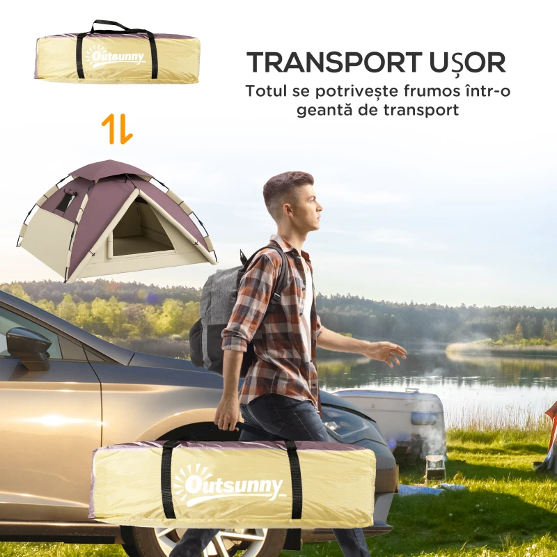 Outsunny Cort Camping 2 Locuri cu 2 Ferestre și Cârlig Interior, Cort Camping din Poliester și Fibră de Sticlă, 225x190x130 cm, Kaki