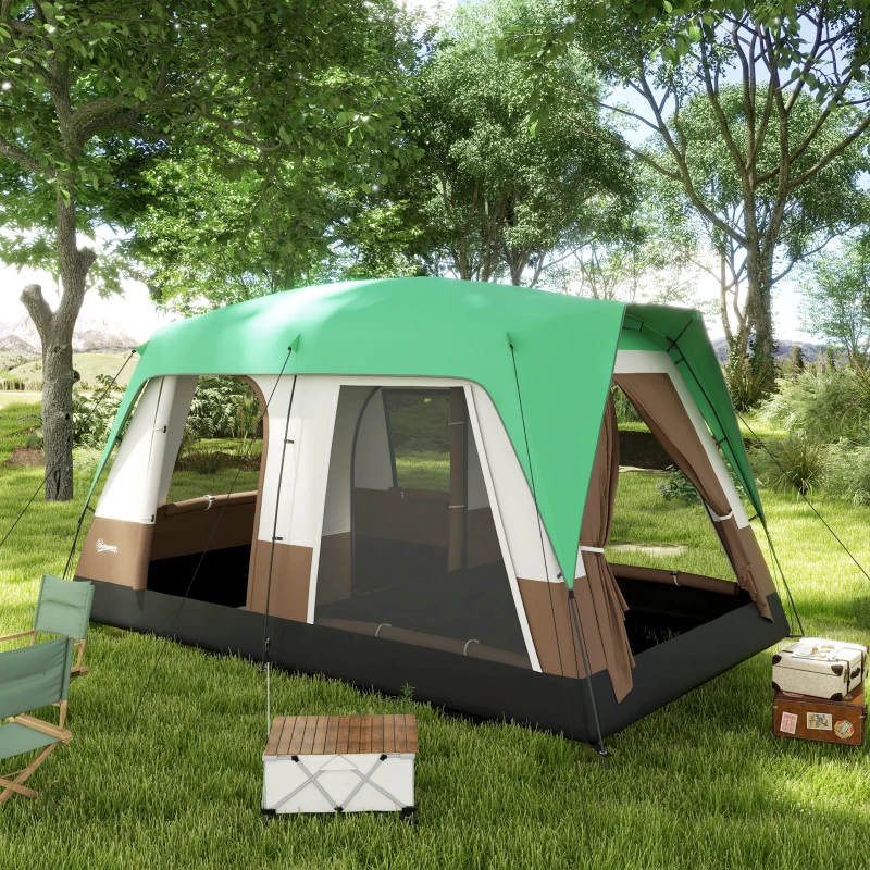 Outsunny Cort Camping Impermeabil cu 4 locuri cu ferestre din plasă, Cort tunel din poliester, 490x305x225 cm, Verde