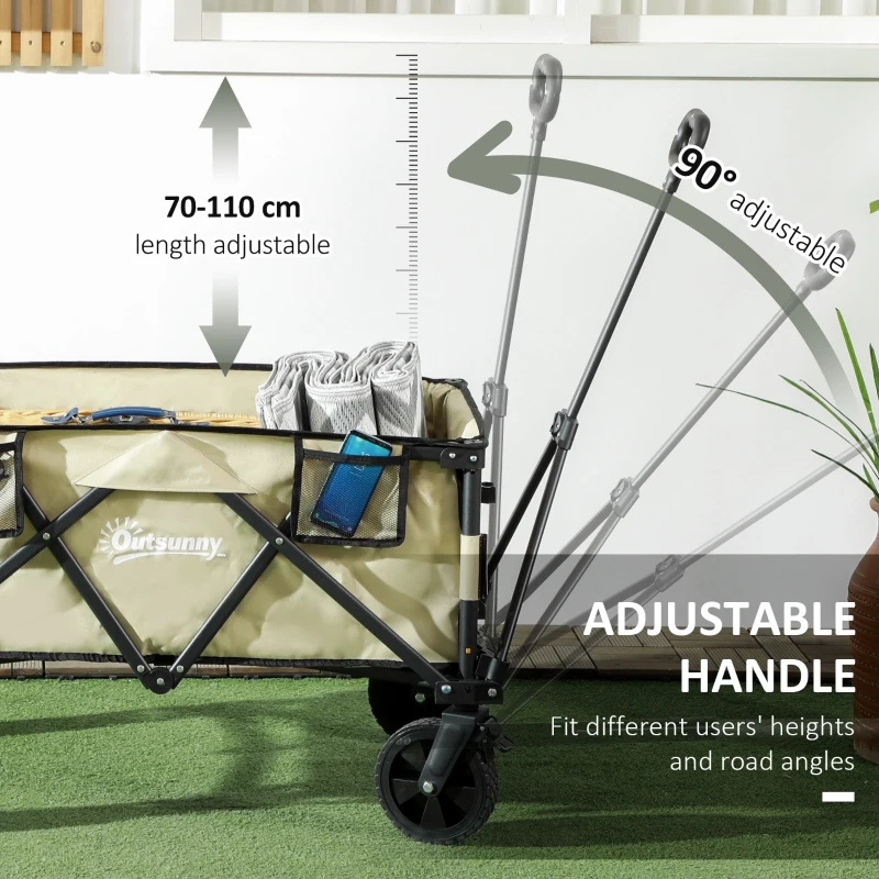 Outsunny Cărucior de Grădină Pliabil cu Mâner Telescopic, Cărucior de Exterior din Oțel, 105x52x70-110 cm, Kaki