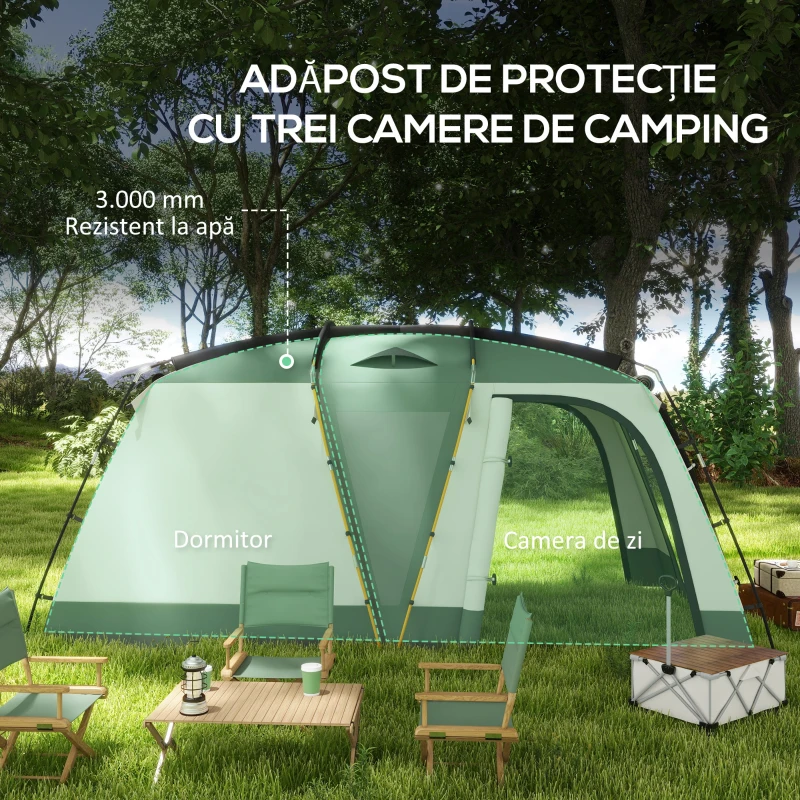 Outsunny Cort de Camping Impermeabil cu 4 Locuri, cu Zonă Separată de Dormit și Living, 460x300x200 cm, Verde