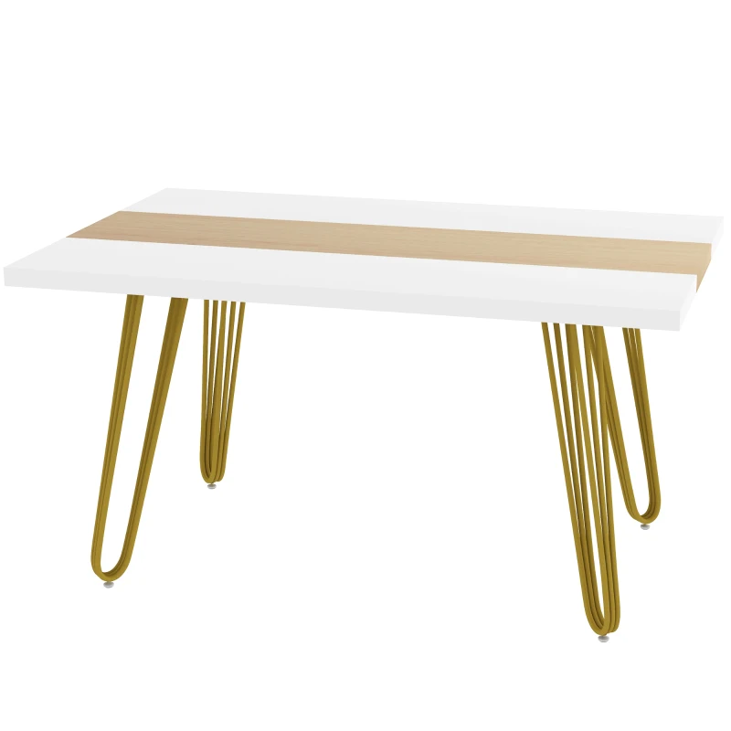 HOMCOM Masă de Bucătărie și Living pentru 6 Persoane, Masă Modernă din MDF și Oțel, 140x89x75,5 cm, Alb și Auriu