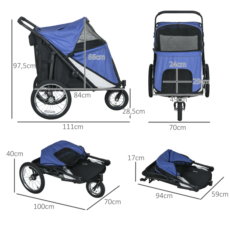 PawHut Hondenbuggy, inklapbaar, opklapbaar, Ligkussen, Stalen frame, Blauw/Zwart(m-3)