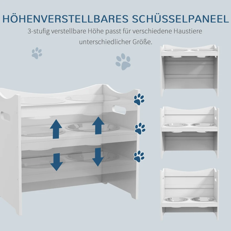 PawHut Voederstation voor Honden, 2 Roestvrijstalen kommen, verstelbaar in hoogte, 54x31,5x47cm, Wit