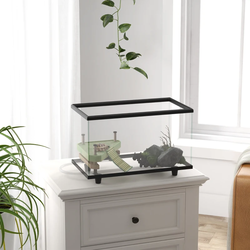 PawHut 28L Glass Turtle Tank Aquarium with Basking Platform, Easy Drainage, Strip Patch Thermometer