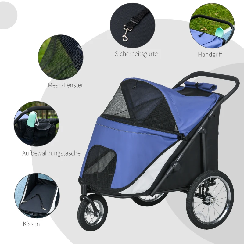PawHut Hondenbuggy, inklapbaar, opklapbaar, Ligkussen, Stalen frame, Blauw/Zwart(m-6)