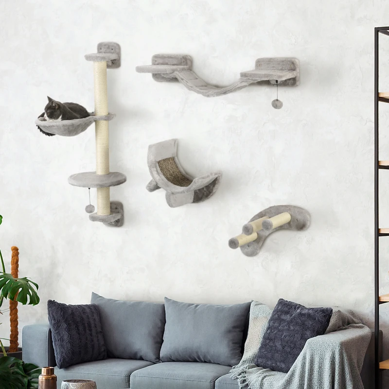 PawHut Four-Piece Cat Wall Furniture, with Hammock, Ladder, Platforms, Steps, for Indoor Use - Grey